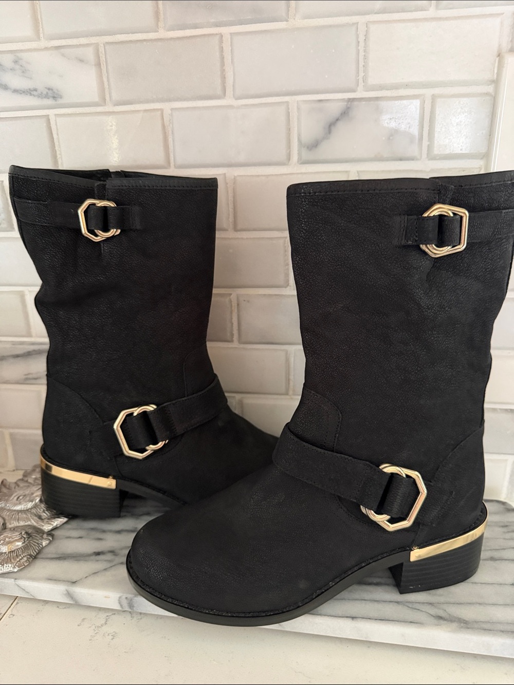 Vince Camuto Women Black Leather Boots with Gold buckle and gold details